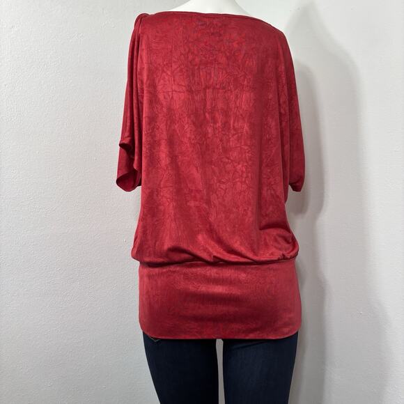 Amywear Red Rosette Neck Ruffle Texture Retro Y2K Statement Top Tunic Size Large - Picture 2 of 10